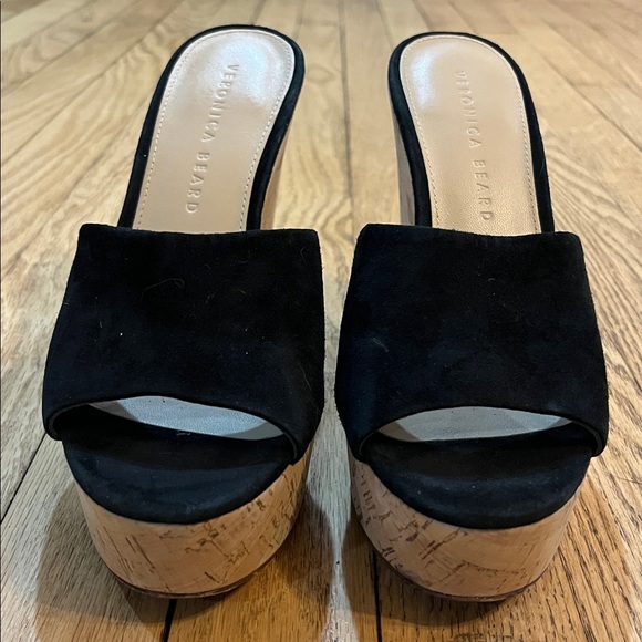Veronica beard Dali black suede and cork platform wedge sandals - Picture 3 of 7